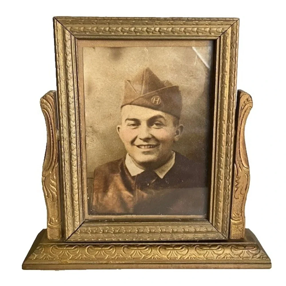 Antique Art Deco Wood Tabletop Swivel Swing Tilt Picture Frame Military Soldier